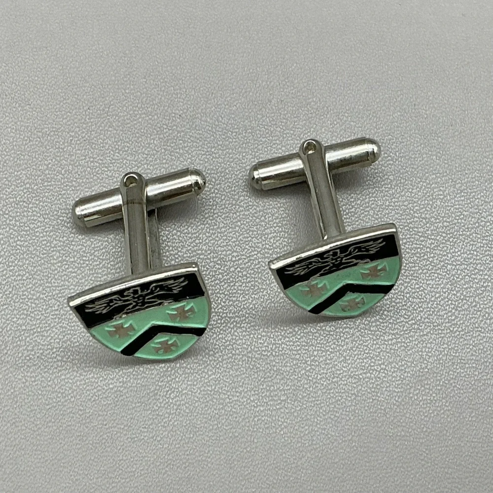 Vintage Heraldic Crest Shield Eagle Cufflinks Silver Tone Green Enamel